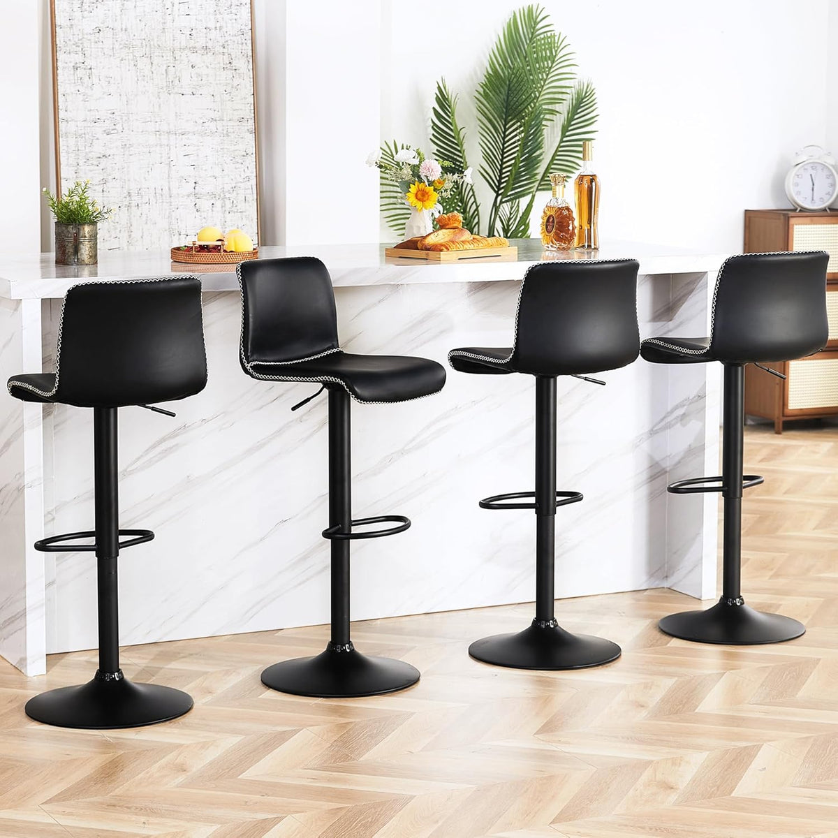 HeuGah Swivel Bar Stools Set of 4, Counter Height Bar Stools with Back, Adjustable Bar Stools 24" to 32", Black Faux Leather Bar Stools for Kitchen Island (Black, Set of 4 (24'' to 32'')) - Grand Goldman