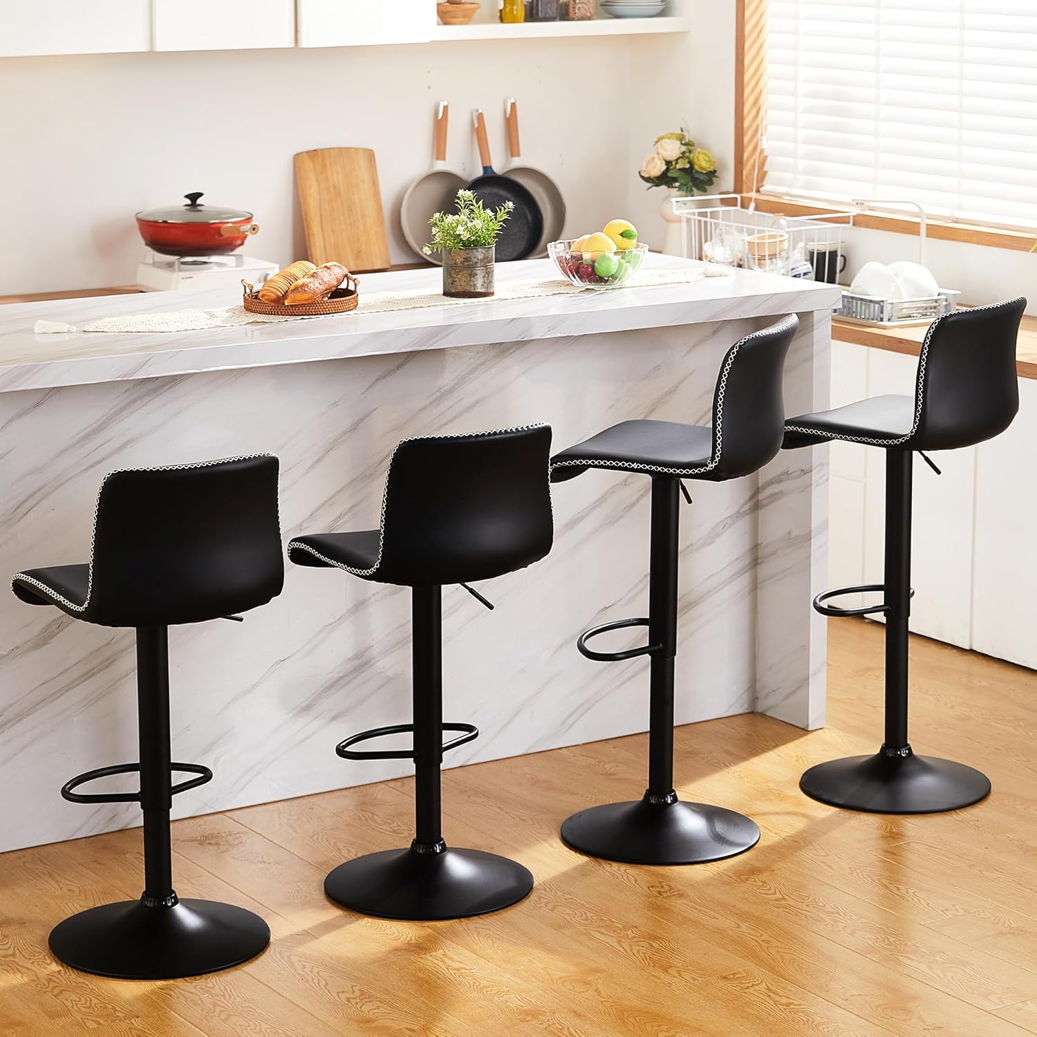 HeuGah Swivel Bar Stools Set of 4, Counter Height Bar Stools with Back, Adjustable Bar Stools 24" to 32", Black Faux Leather Bar Stools for Kitchen Island (Black, Set of 4 (24'' to 32'')) - Grand Goldman