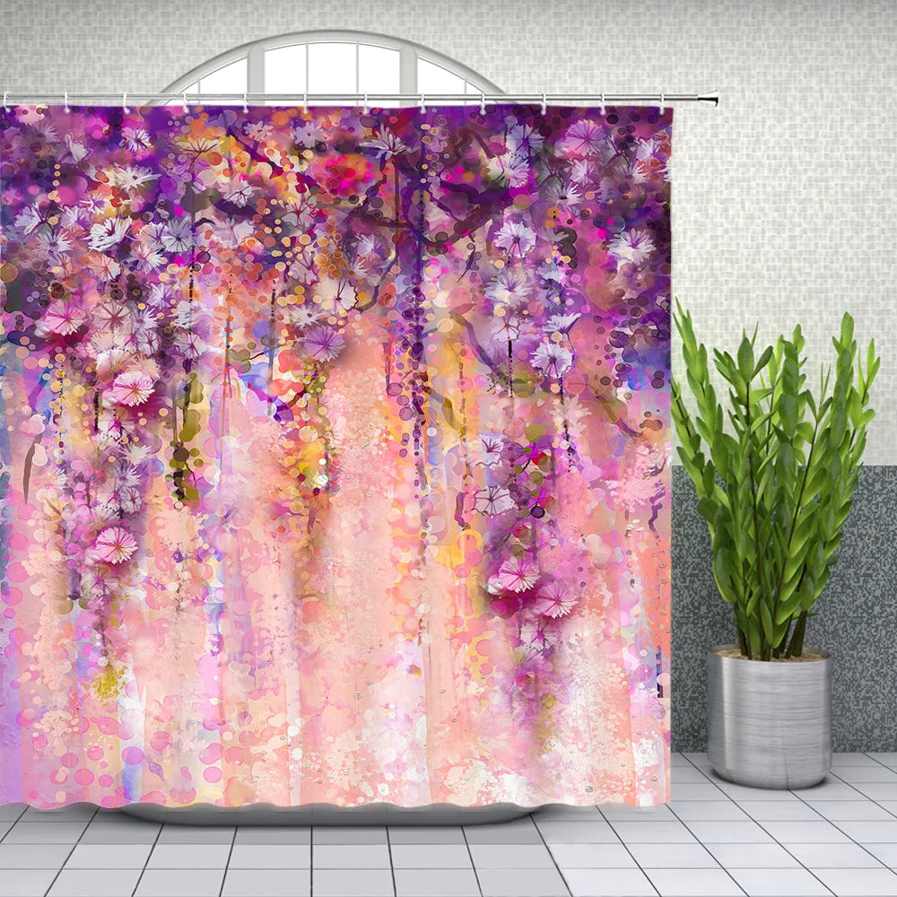 ست پرده دوش پروانه گل بهاری رنگارنگ با طرح گل‌های گیاهی، لاله، رز، بابونه برای دکور حمام، پارچه پلی‌استر