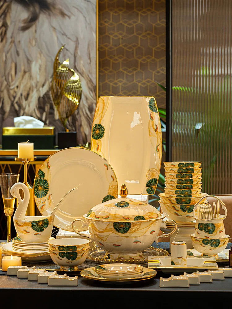 High-end Bone China Dinnerware Set for Elegant Dining and Entertaining Chinese Bowls and Plates for Wedding Gifts & Housewarming - Grand Goldman
