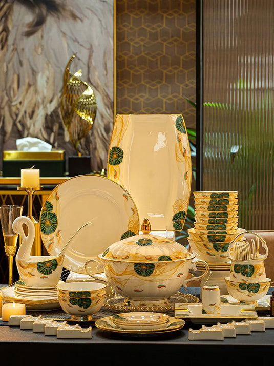 High-end Bone China Dinnerware Set for Elegant Dining and Entertaining Chinese Bowls and Plates for Wedding Gifts & Housewarming - Grand Goldman