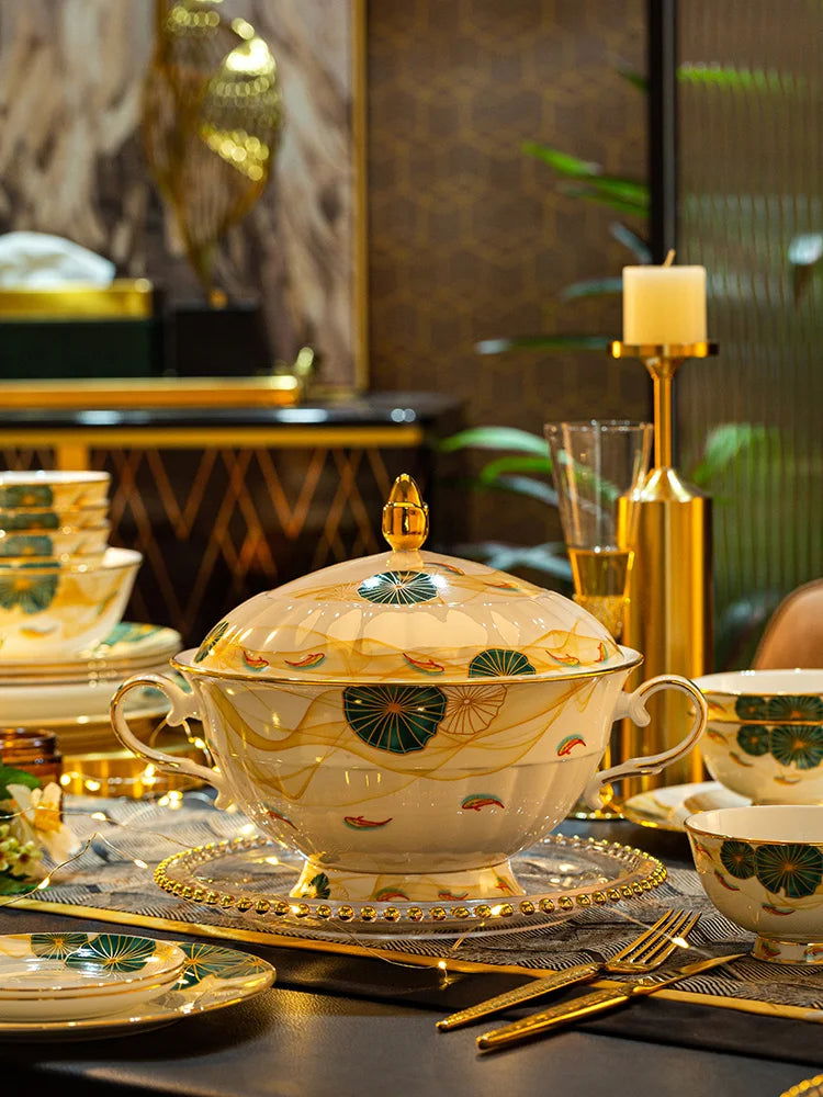 High-end Bone China Dinnerware Set for Elegant Dining and Entertaining Chinese Bowls and Plates for Wedding Gifts & Housewarming - Grand Goldman