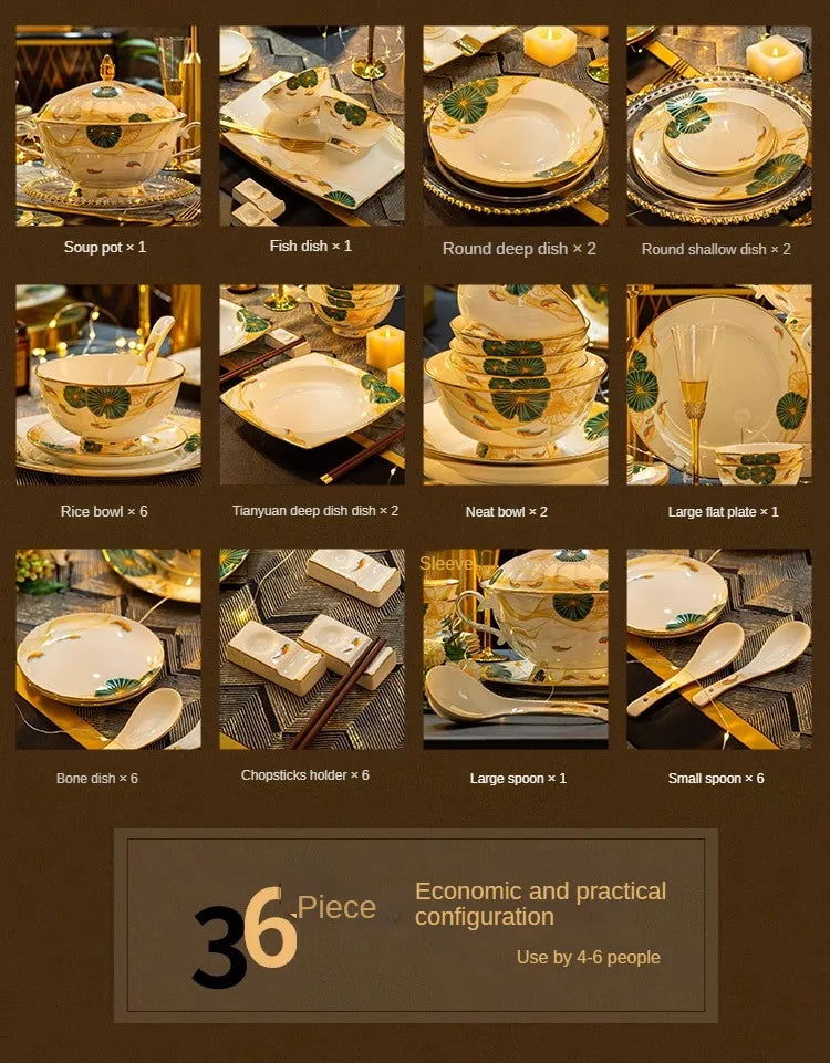 High-end Bone China Dinnerware Set for Elegant Dining and Entertaining Chinese Bowls and Plates for Wedding Gifts & Housewarming - Grand Goldman