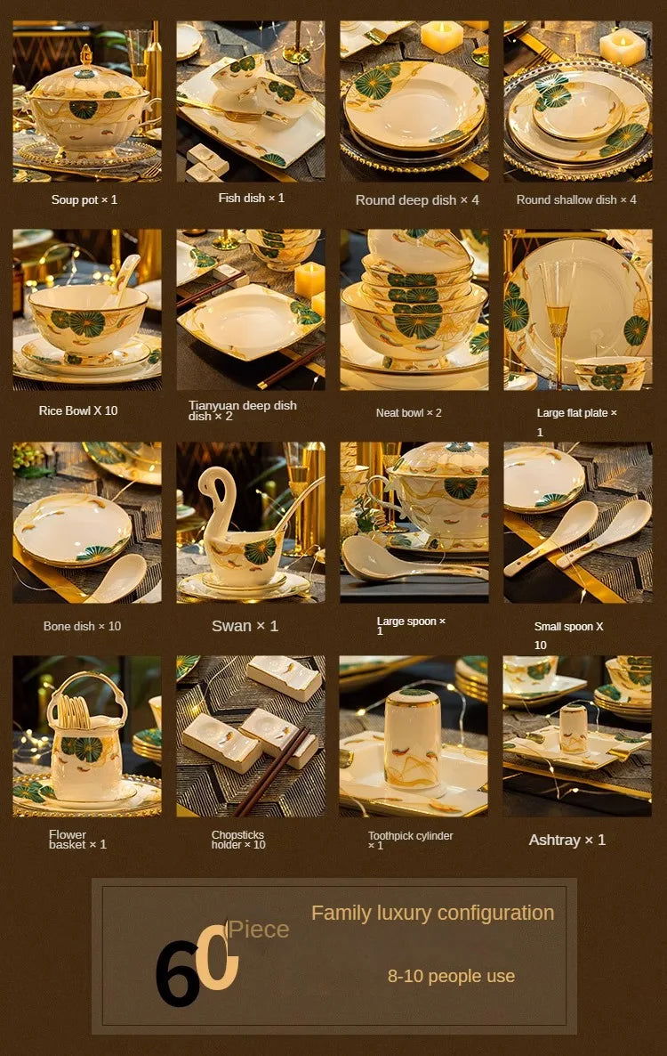 High-end Bone China Dinnerware Set for Elegant Dining and Entertaining Chinese Bowls and Plates for Wedding Gifts & Housewarming - Grand Goldman