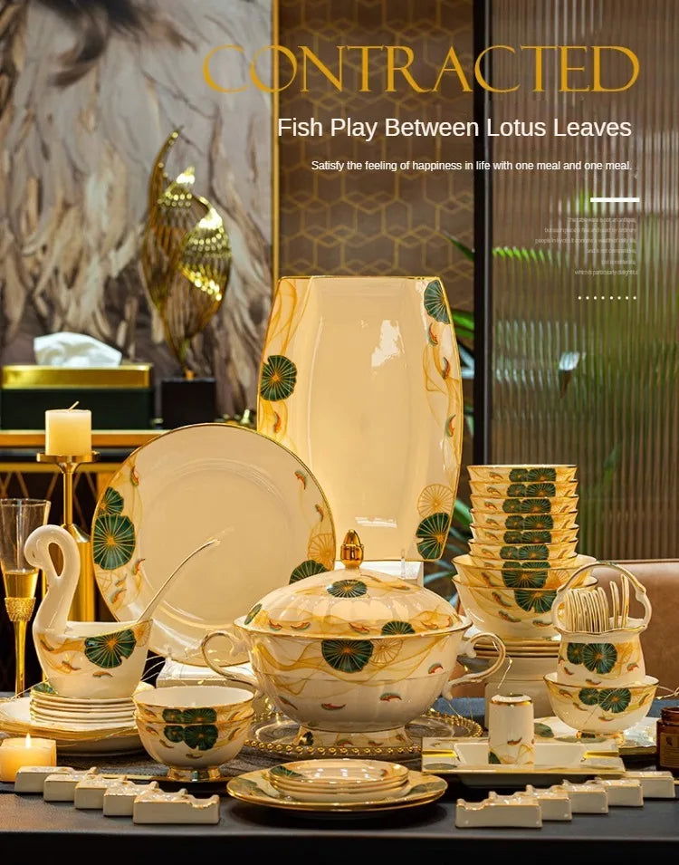 High-end Bone China Dinnerware Set for Elegant Dining and Entertaining Chinese Bowls and Plates for Wedding Gifts & Housewarming - Grand Goldman