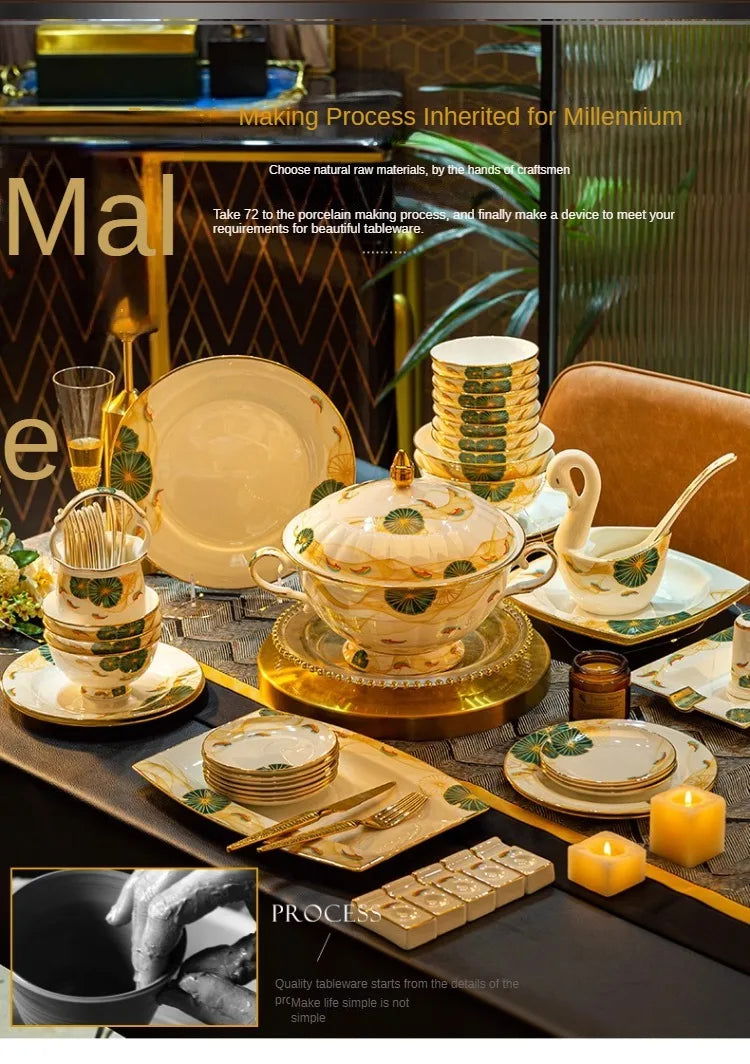 High-end Bone China Dinnerware Set for Elegant Dining and Entertaining Chinese Bowls and Plates for Wedding Gifts & Housewarming - Grand Goldman
