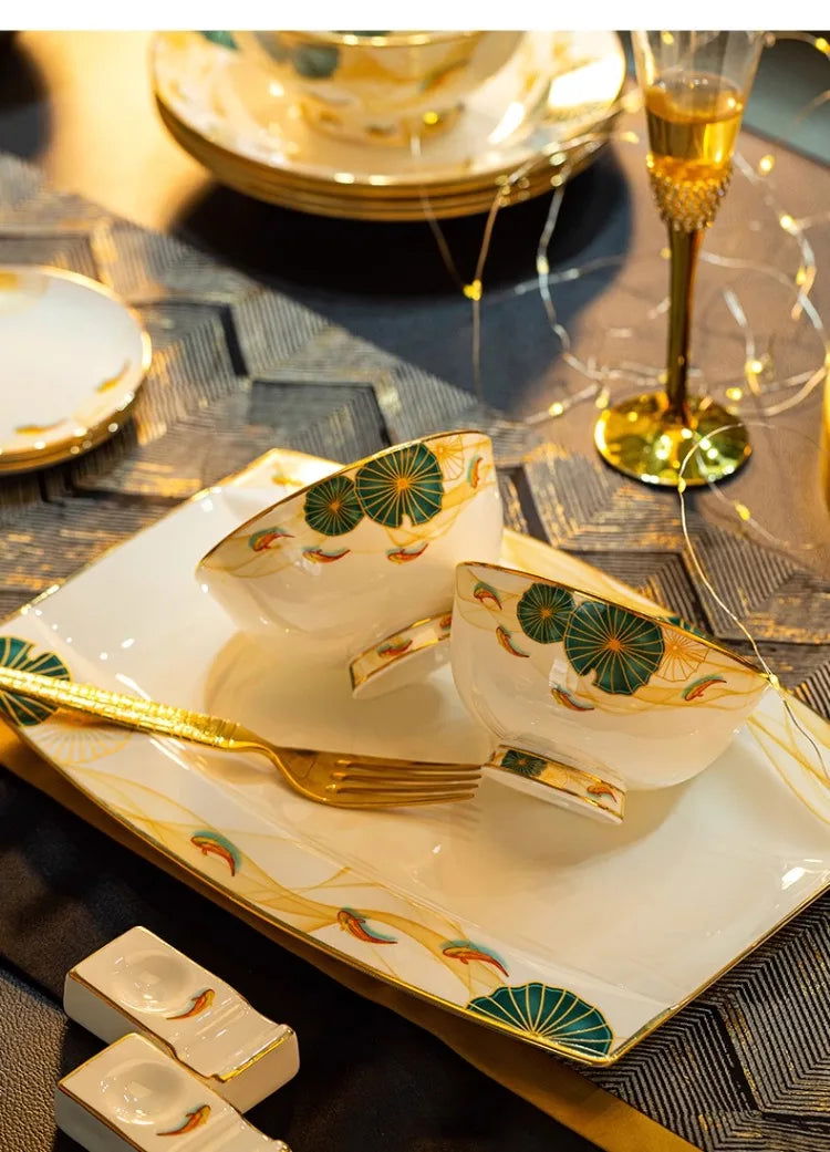 High-end Bone China Dinnerware Set for Elegant Dining and Entertaining Chinese Bowls and Plates for Wedding Gifts & Housewarming - Grand Goldman