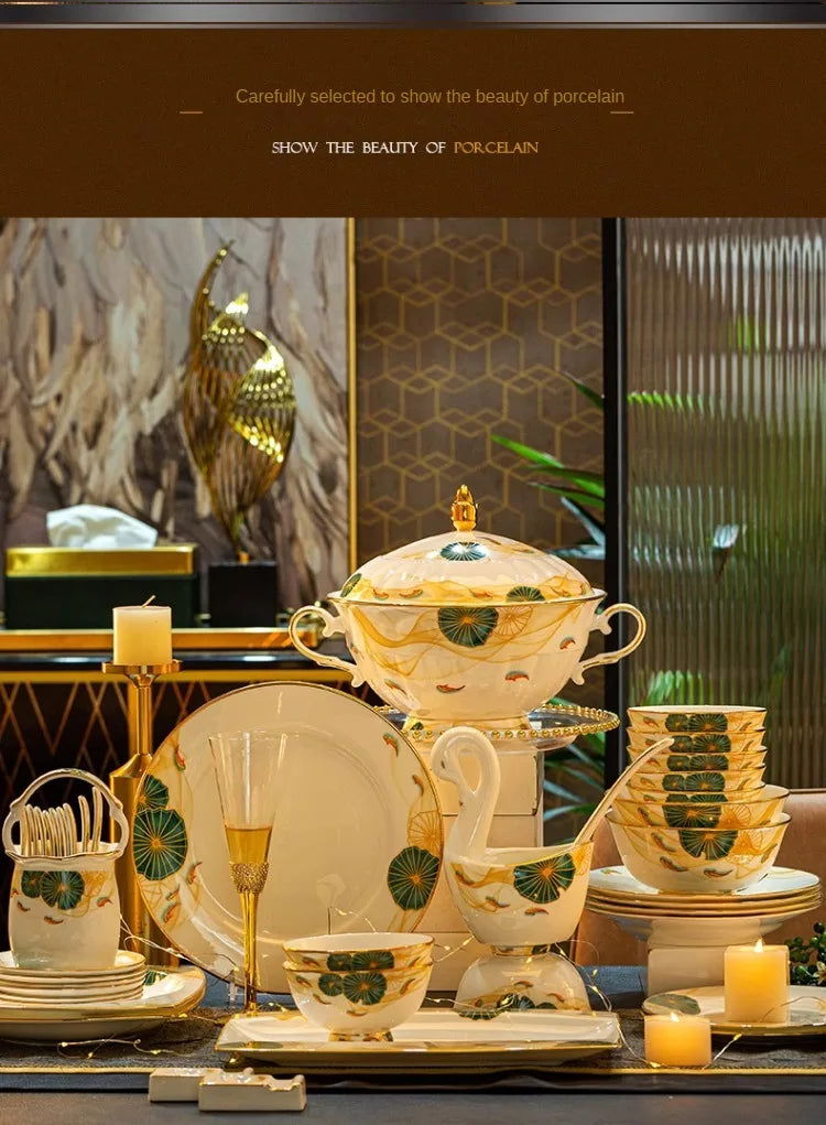 High-end Bone China Dinnerware Set for Elegant Dining and Entertaining Chinese Bowls and Plates for Wedding Gifts & Housewarming - Grand Goldman