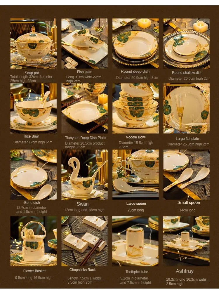 High-end Bone China Dinnerware Set for Elegant Dining and Entertaining Chinese Bowls and Plates for Wedding Gifts & Housewarming - Grand Goldman
