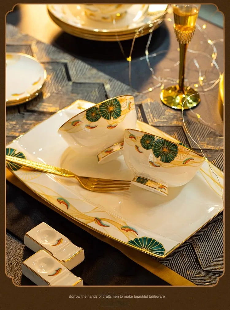 High-end Bone China Dinnerware Set for Elegant Dining and Entertaining Chinese Bowls and Plates for Wedding Gifts & Housewarming - Grand Goldman