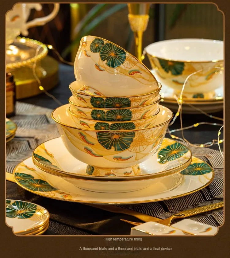 High-end Bone China Dinnerware Set for Elegant Dining and Entertaining Chinese Bowls and Plates for Wedding Gifts & Housewarming - Grand Goldman