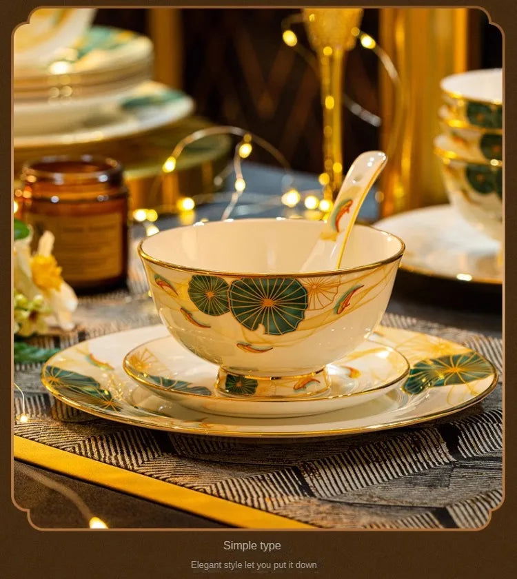 High-end Bone China Dinnerware Set for Elegant Dining and Entertaining Chinese Bowls and Plates for Wedding Gifts & Housewarming - Grand Goldman