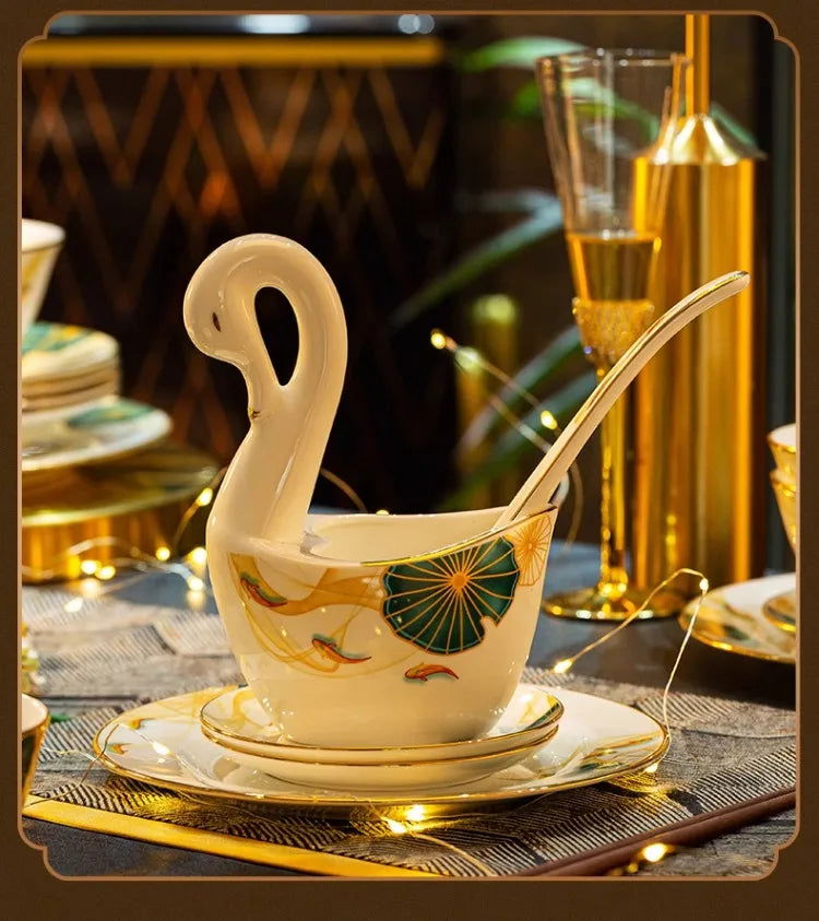High-end Bone China Dinnerware Set for Elegant Dining and Entertaining Chinese Bowls and Plates for Wedding Gifts & Housewarming - Grand Goldman