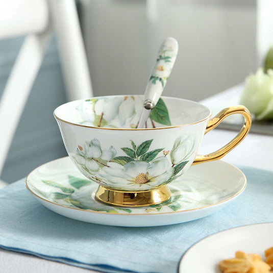 High-grade Bone China Coffee Cup And Saucer Set Flower Tea Afternoon Tea Ceramic Cup Household With Spoon - Grand Goldman