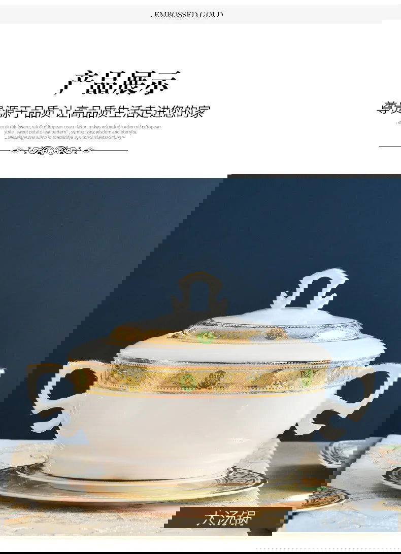 High-grade Three-dimensional Relief Gold 60 Skull Porcelain Tableware Set Bowl Plate Plate Set Ten People Tableware Gift Box - Grand Goldman