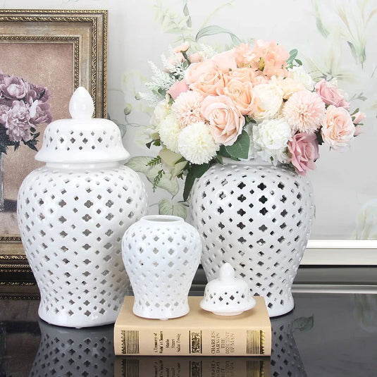 Hollow General Jar Ceramic Golden Ginger Jar Porcelain Storage Jar Vase Hollow Flower Arrangement Pot Home Decoration Vases Pots - Grand Goldman