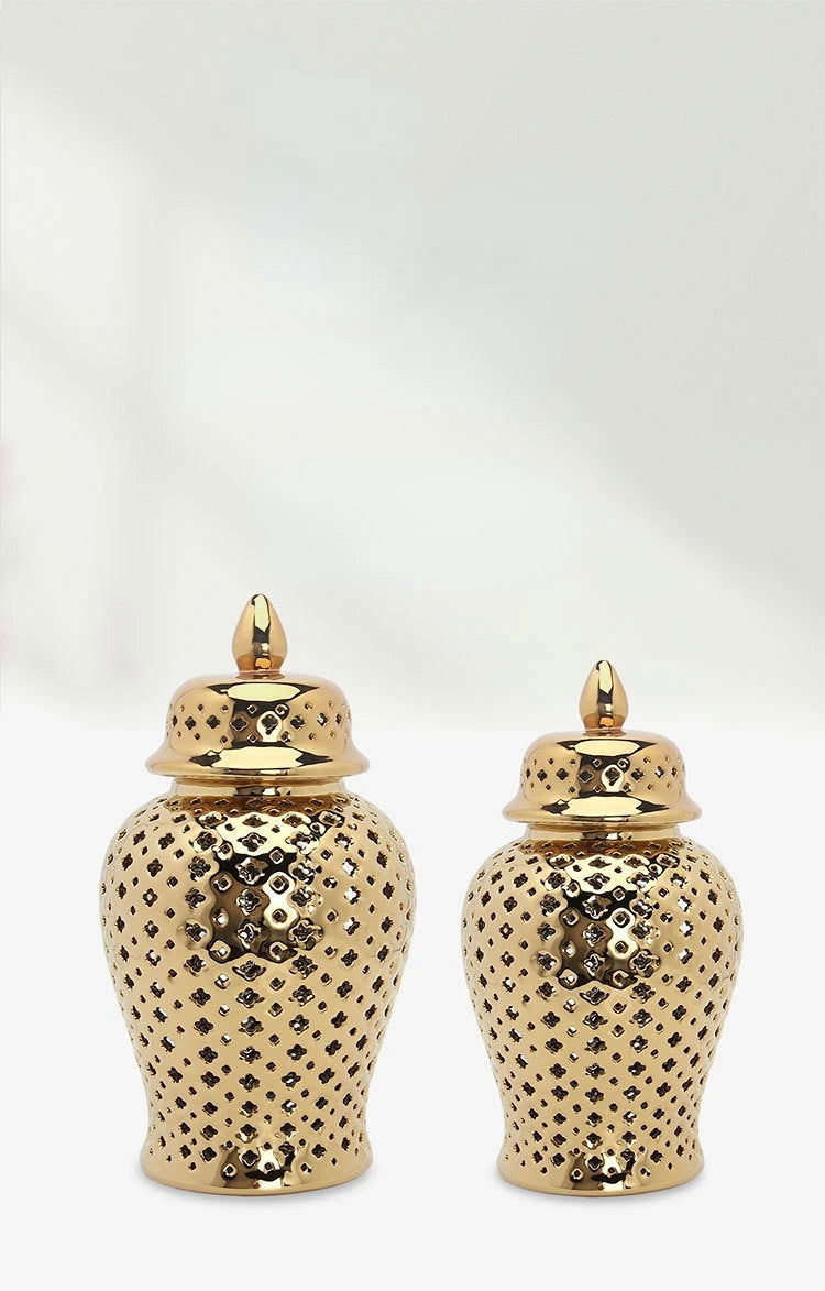 Hollow General Jar Ceramic Golden Ginger Jar Porcelain Storage Jar Vase Hollow Flower Arrangement Pot Home Decoration Vases Pots - Grand Goldman
