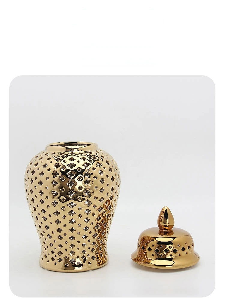 Hollow General Jar Ceramic Golden Ginger Jar Porcelain Storage Jar Vase Hollow Flower Arrangement Pot Home Decoration Vases Pots - Grand Goldman