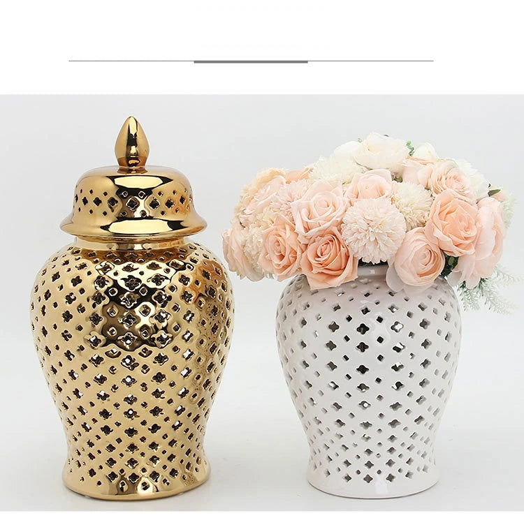 Hollow General Jar Ceramic Golden Ginger Jar Porcelain Storage Jar Vase Hollow Flower Arrangement Pot Home Decoration Vases Pots - Grand Goldman