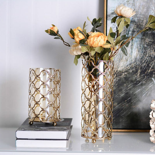Hollow Out Glass Vases Golden Flower Arrangement Metal - Grand Goldman
