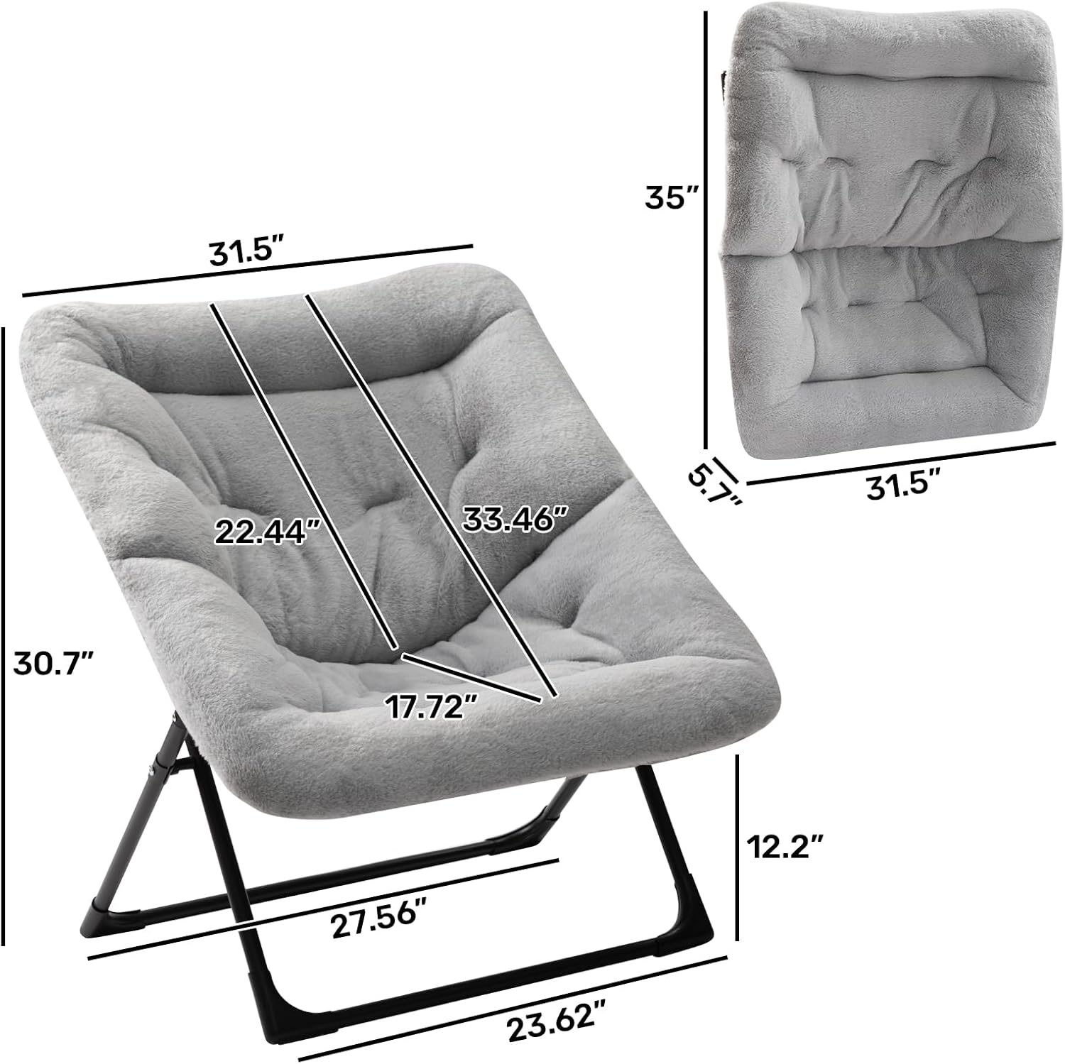 HollyHOME X-Large Saucer Chair, Comfy Oversized Folding Chair, Faux-Fur Reading Chair for Teens, Adults, Foldable Accent Lazy Chair, Metal Frame Lounge Chair for Living Room, Bedroom, Dorm, Grey - Grand Goldman