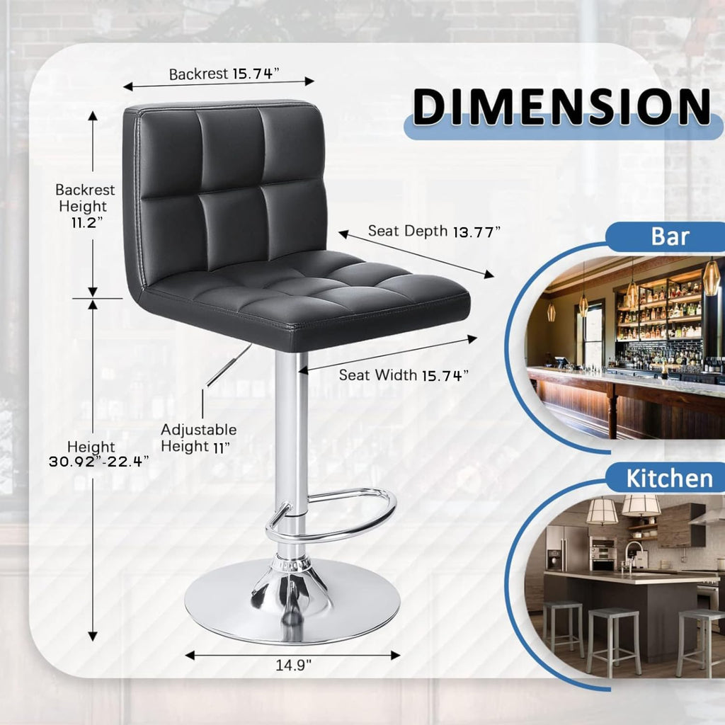 Homall Bar Stools Modern PU Leather Adjustable Swivel Barstools, Armless Hydraulic Kitchen Counter Bar Stool Extra Height Square Island Barstool with Back Set of 2 (Leather, Black) - Grand Goldman