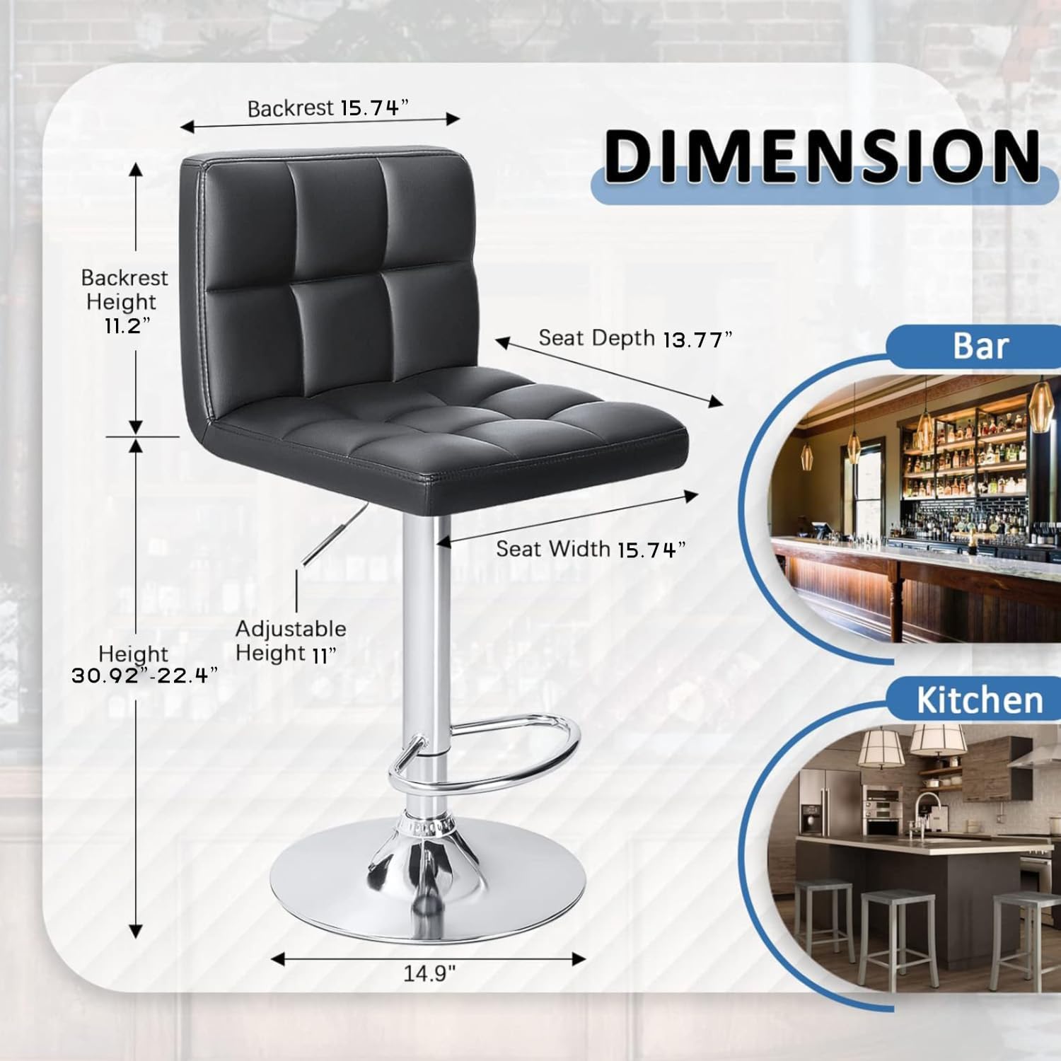 Homall Bar Stools Modern PU Leather Adjustable Swivel Barstools, Armless Hydraulic Kitchen Counter Bar Stool Extra Height Square Island Barstool with Back Set of 2 (Leather, Black) - Grand Goldman