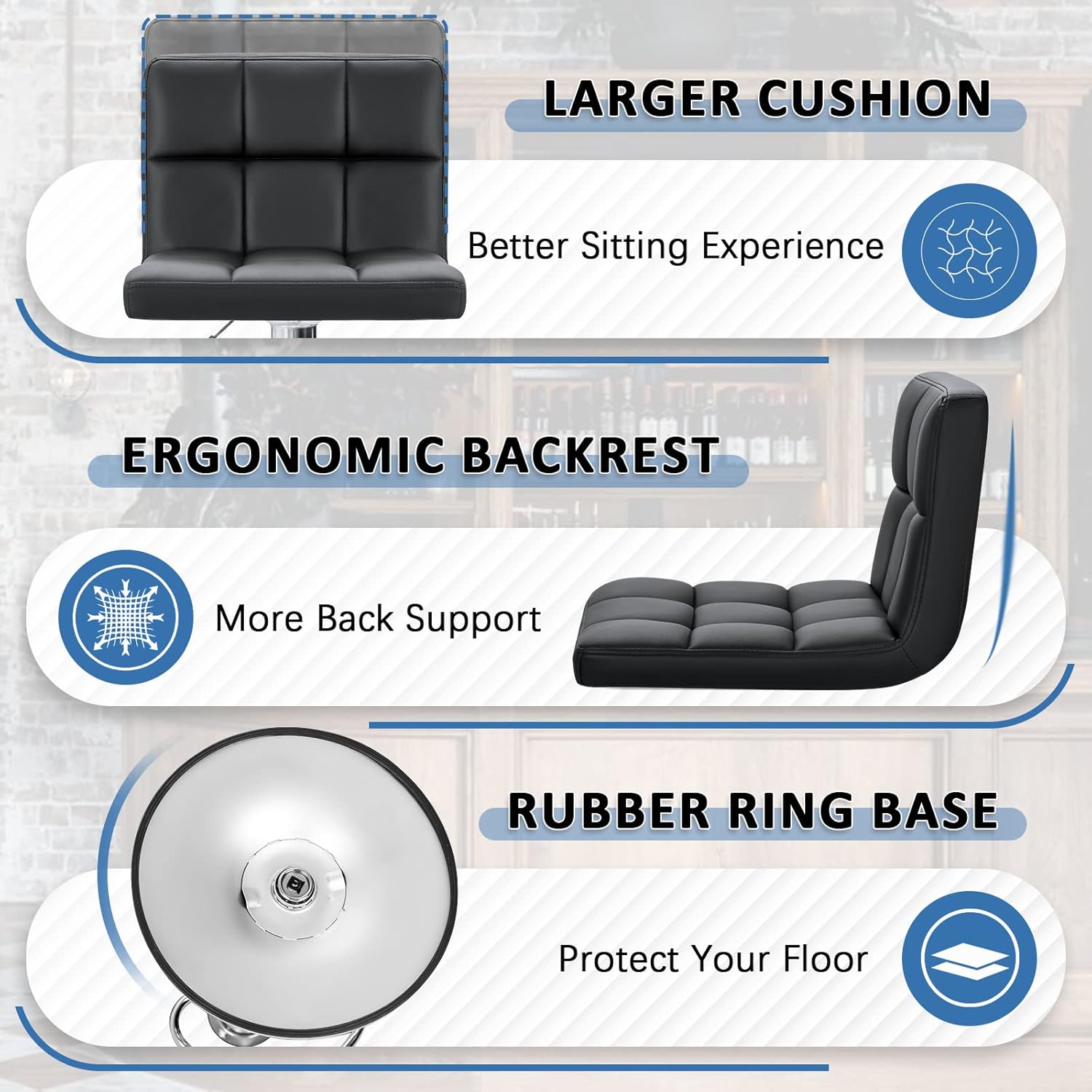 Homall Bar Stools Modern PU Leather Adjustable Swivel Barstools, Armless Hydraulic Kitchen Counter Bar Stool Extra Height Square Island Barstool with Back Set of 2 (Leather, Black) - Grand Goldman