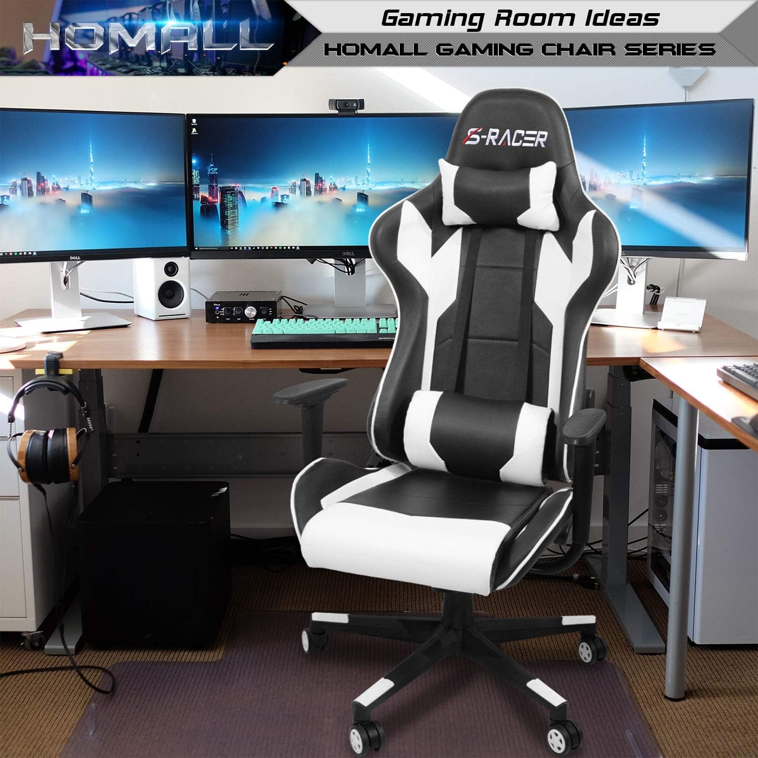 Homall Gaming Chair, Office Chair High Back Computer Chair Leather Desk Chair Racing Executive Ergonomic Adjustable Swivel Task Chair with Headrest and Lumbar Support (White) - Grand Goldman
