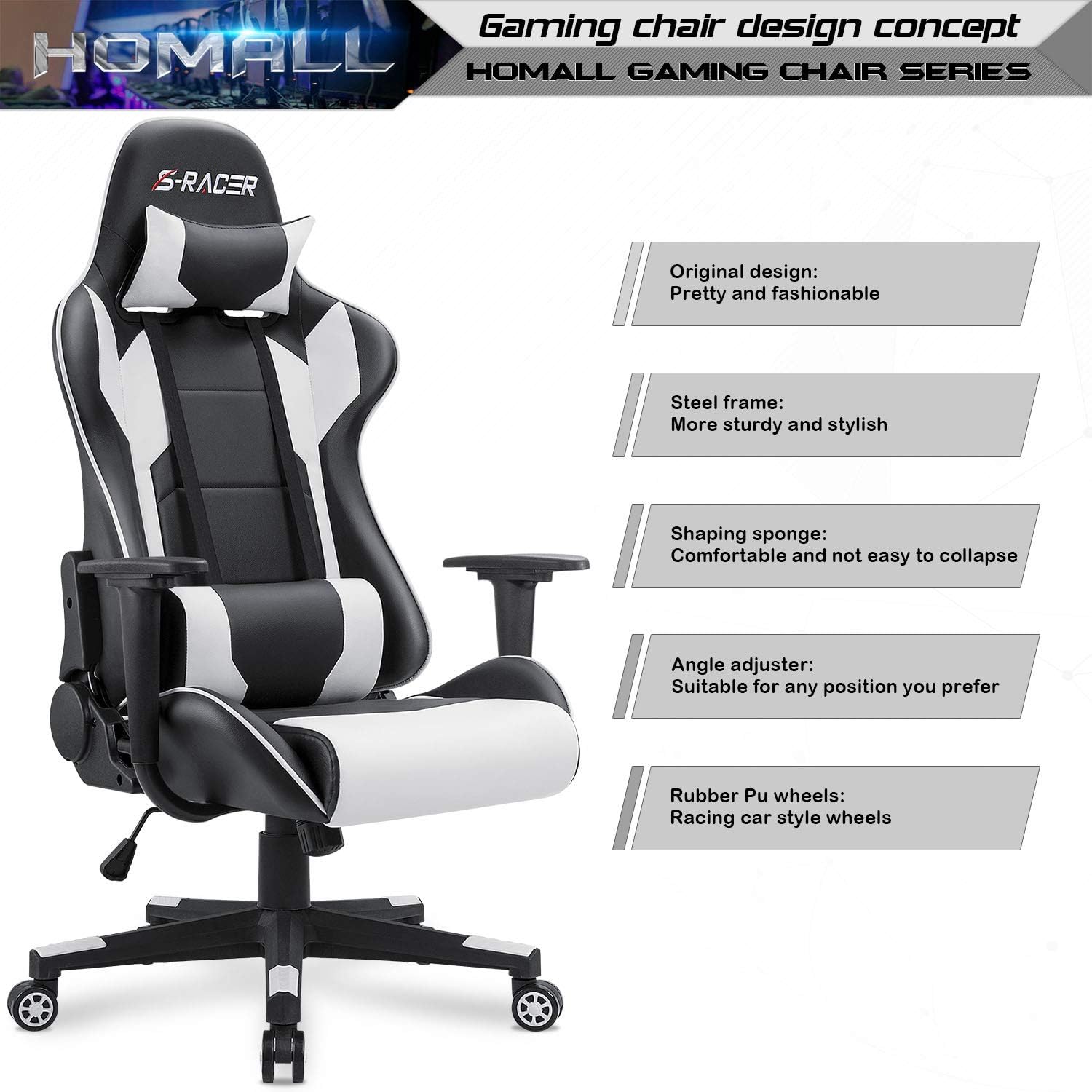 Homall Gaming Chair, Office Chair High Back Computer Chair Leather Desk Chair Racing Executive Ergonomic Adjustable Swivel Task Chair with Headrest and Lumbar Support (White) - Grand Goldman