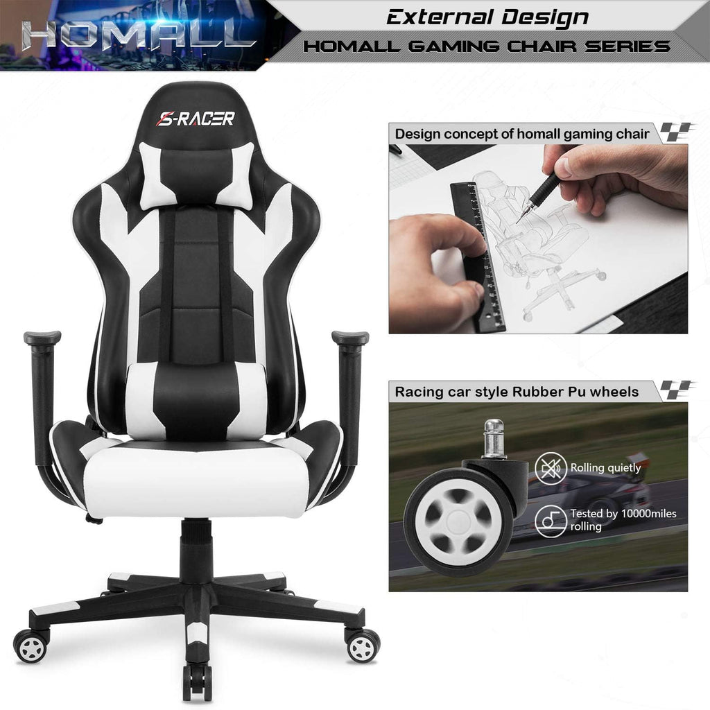Homall Gaming Chair, Office Chair High Back Computer Chair Leather Desk Chair Racing Executive Ergonomic Adjustable Swivel Task Chair with Headrest and Lumbar Support (White) - Grand Goldman