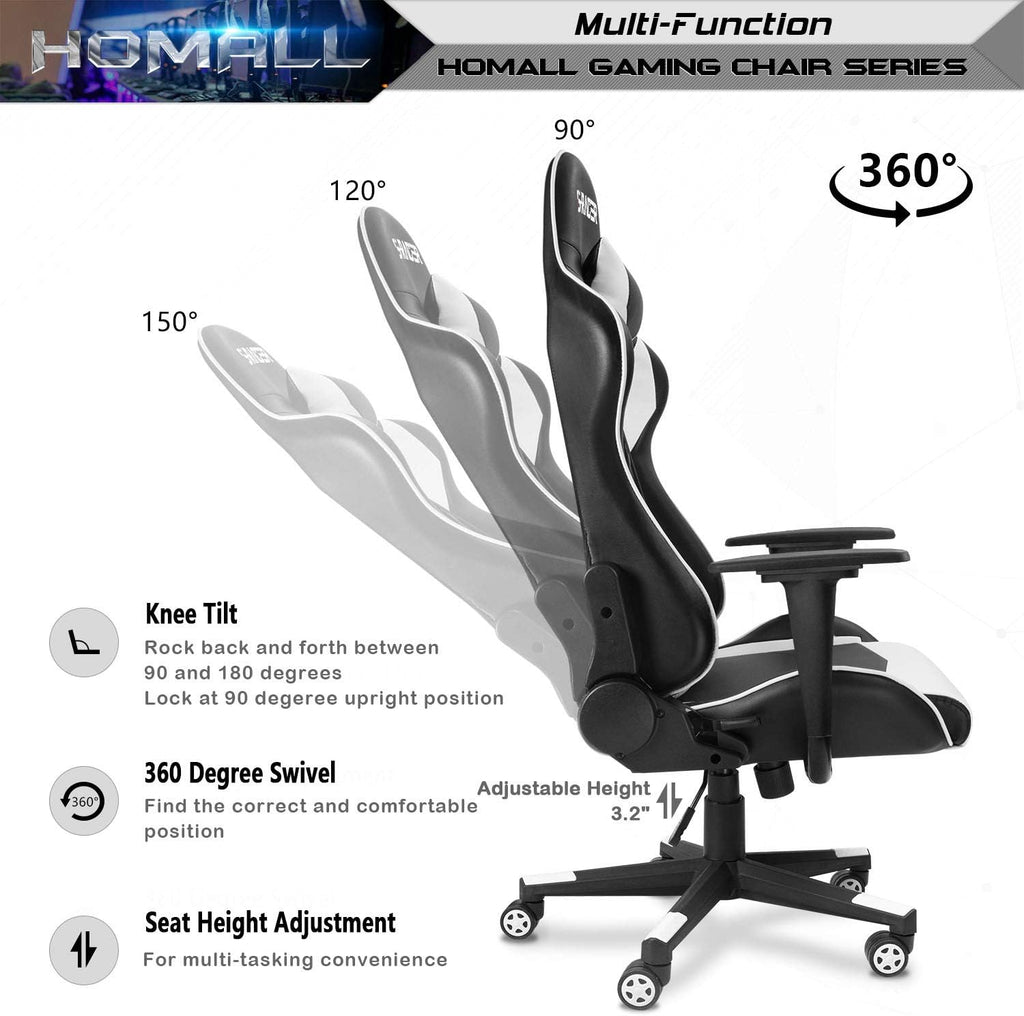 Homall Gaming Chair, Office Chair High Back Computer Chair Leather Desk Chair Racing Executive Ergonomic Adjustable Swivel Task Chair with Headrest and Lumbar Support (White) - Grand Goldman