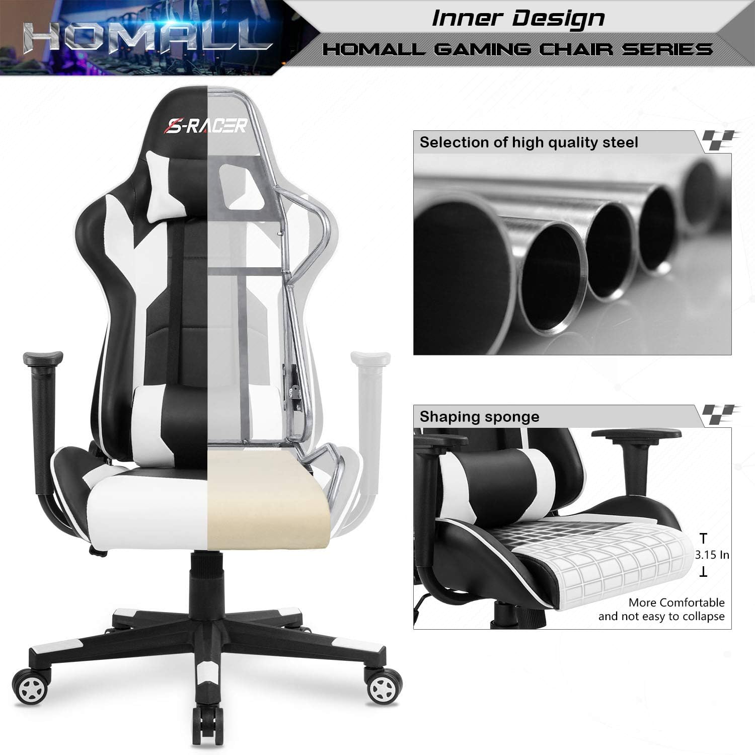 Homall Gaming Chair, Office Chair High Back Computer Chair Leather Desk Chair Racing Executive Ergonomic Adjustable Swivel Task Chair with Headrest and Lumbar Support (White) - Grand Goldman