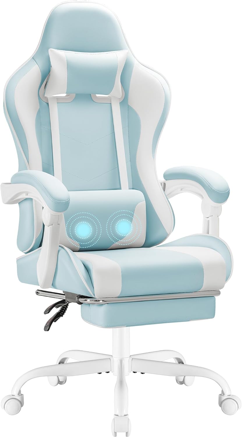 Homall Gaming Chair, Video Game Chair with Footrest and Massage Lumbar Support, Ergonomic Computer Chair Height Adjustable with Swivel Seat and Headrest (White) - Grand Goldman