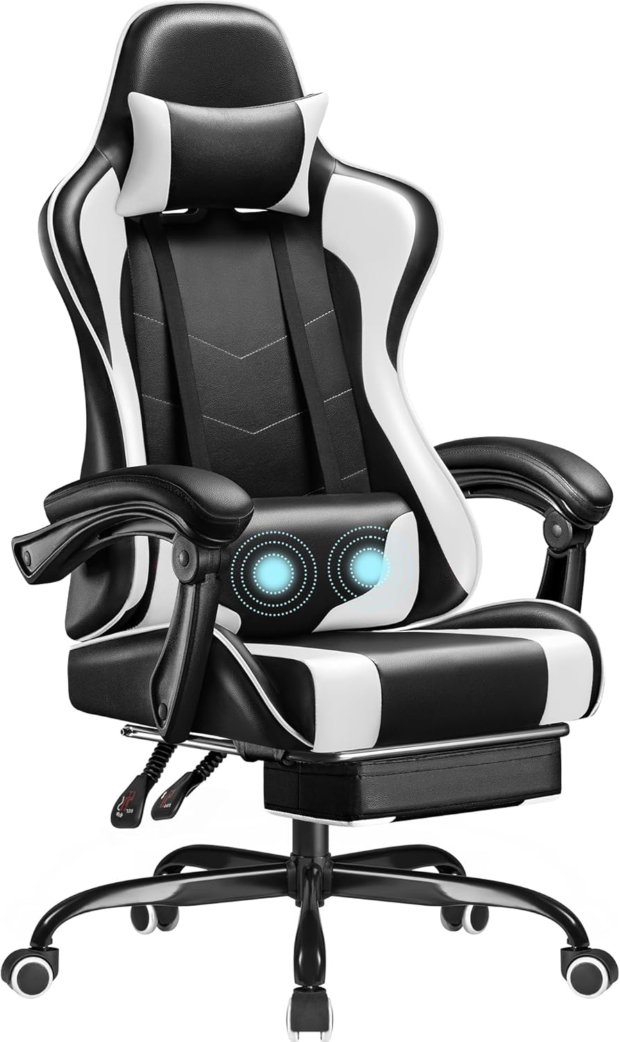 Homall Gaming Chair, Video Game Chair with Footrest and Massage Lumbar Support, Ergonomic Computer Chair Height Adjustable with Swivel Seat and Headrest (White) - Grand Goldman