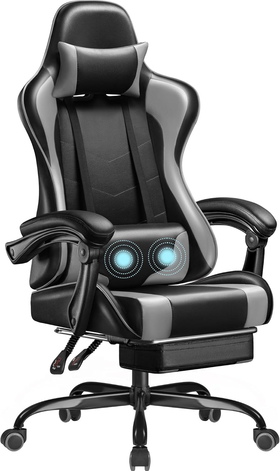 Homall Gaming Chair, Video Game Chair with Footrest and Massage Lumbar Support, Ergonomic Computer Chair Height Adjustable with Swivel Seat and Headrest (White) - Grand Goldman