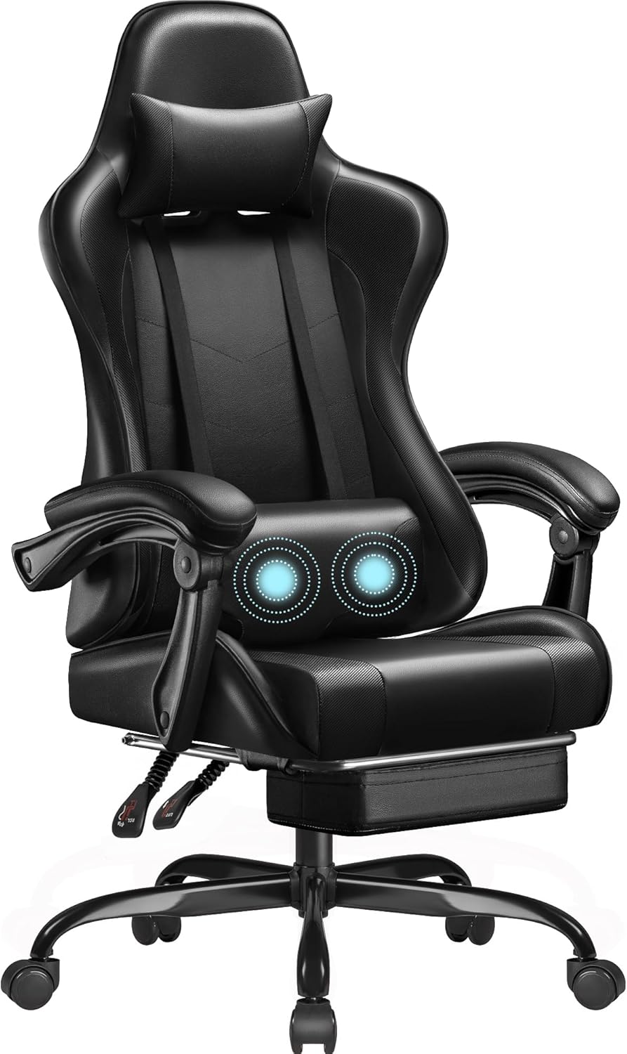 Homall Gaming Chair, Video Game Chair with Footrest and Massage Lumbar Support, Ergonomic Computer Chair Height Adjustable with Swivel Seat and Headrest (White) - Grand Goldman