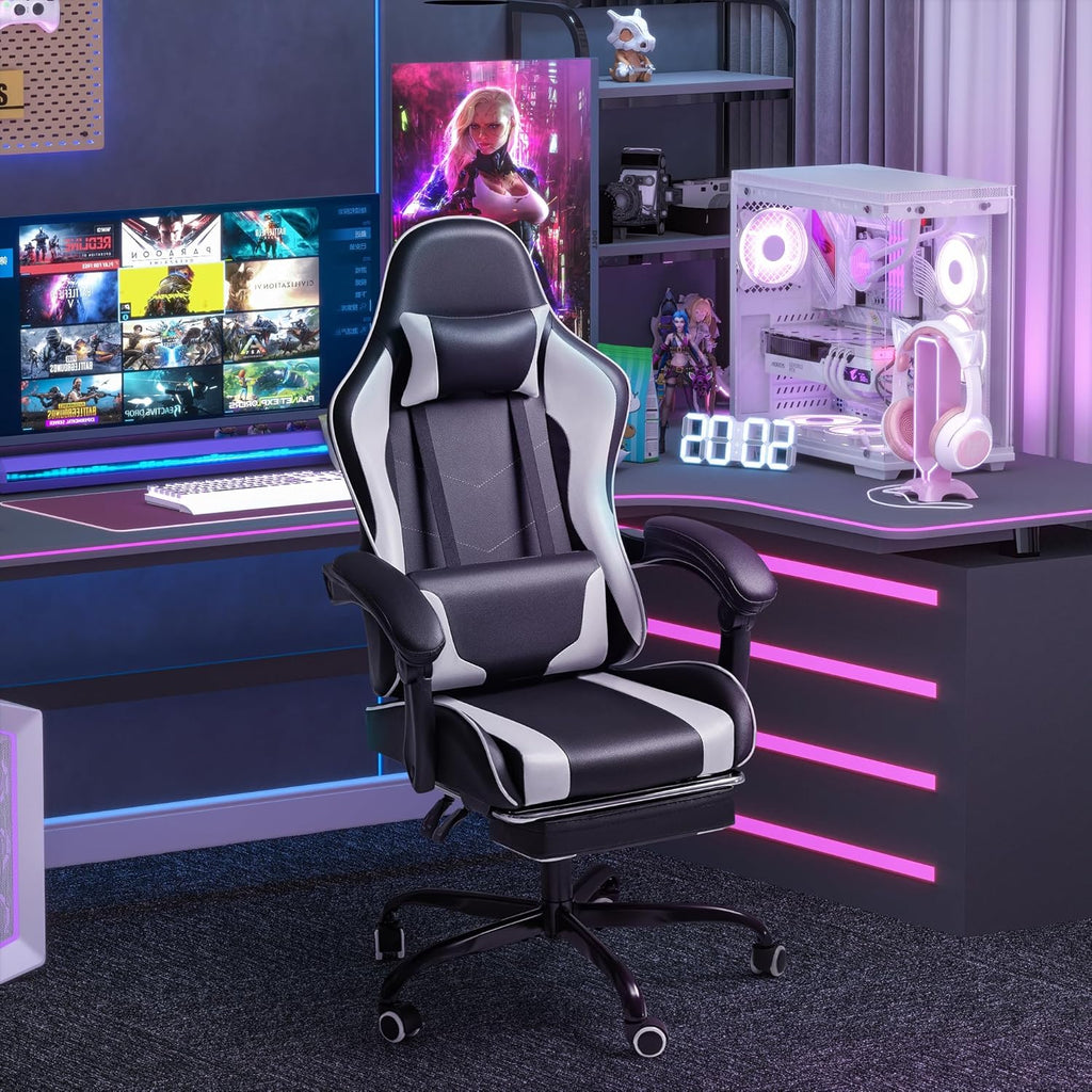 Homall Gaming Chair, Video Game Chair with Footrest and Massage Lumbar Support, Ergonomic Computer Chair Height Adjustable with Swivel Seat and Headrest (White) - Grand Goldman