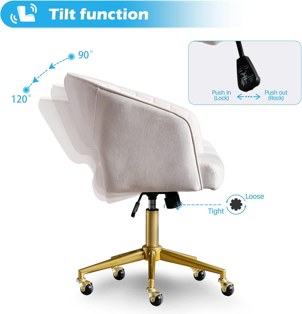 Home Office Chair Swivel Velvet Desk Chair Accent Armchair Upholstered Modern Tufted Chairs with Gold Base for Girls Women Ergonomic Study Seat Computer Task Stools for Living Room(Cream) - Grand Goldman