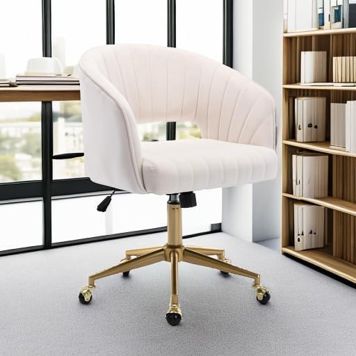 Home Office Chair Swivel Velvet Desk Chair Accent Armchair Upholstered Modern Tufted Chairs with Gold Base for Girls Women Ergonomic Study Seat Computer Task Stools for Living Room(Cream) - Grand Goldman