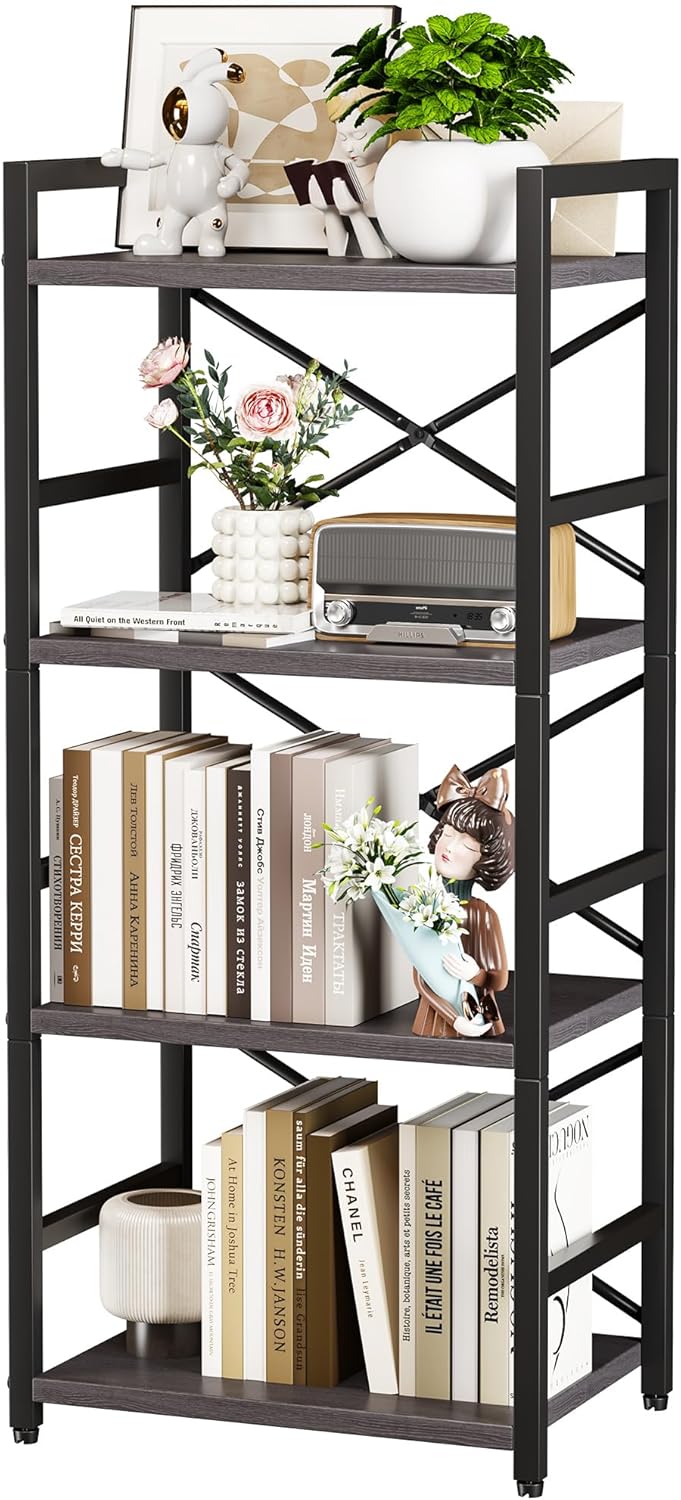 Homeiju Bookshelf, 3 Tier Industrial Bookcase, Metal Small Bookcase, Rustic Etagere Book Shelf Storage Organizer for Living Room, Bedroom, and Home Office(Rustic Brown) Patent Pending D29873033 - Grand Goldman
