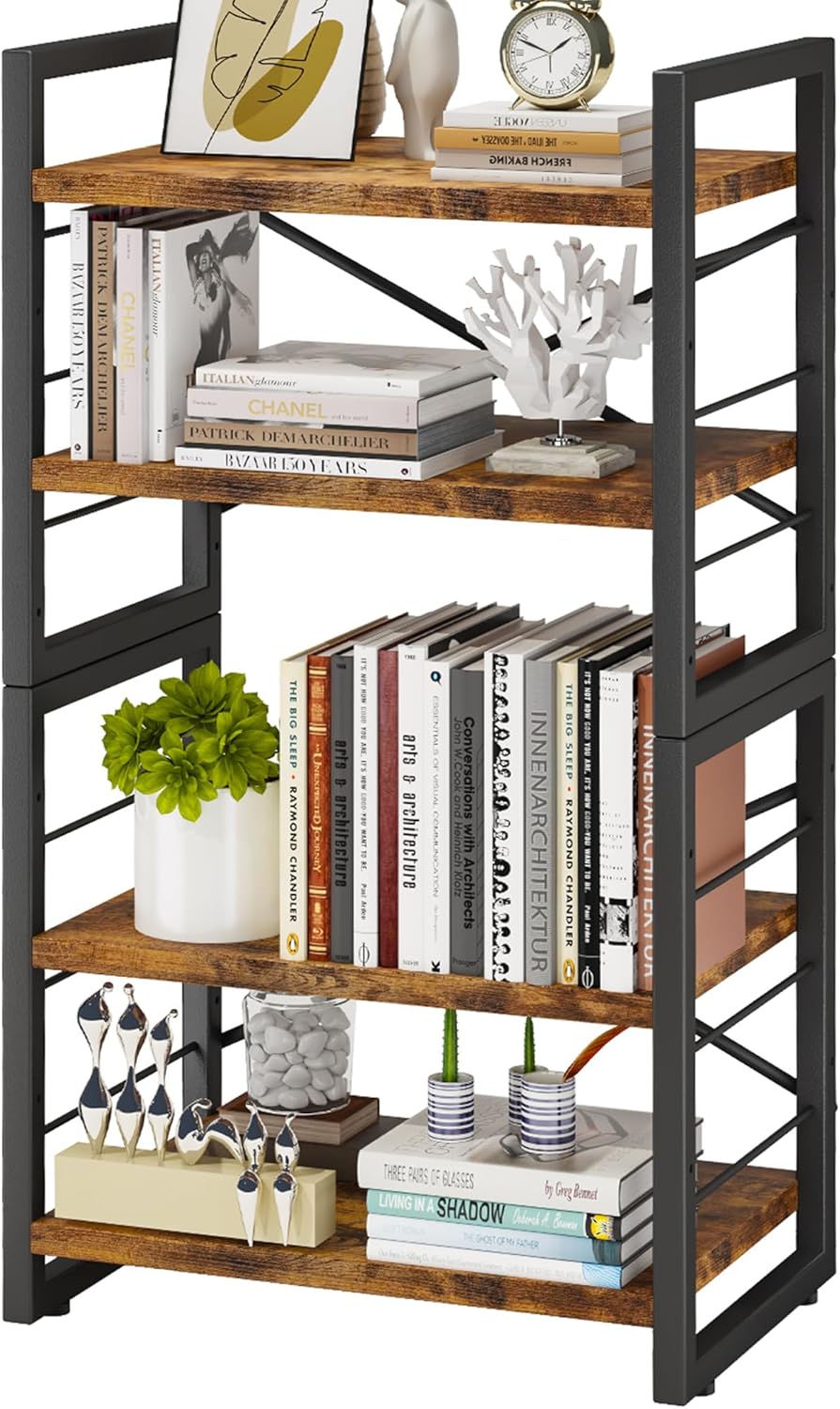 Homeiju Bookshelf, 3 Tier Industrial Bookcase, Metal Small Bookcase, Rustic Etagere Book Shelf Storage Organizer for Living Room, Bedroom, and Home Office(Rustic Brown) Patent Pending D29873033 - Grand Goldman