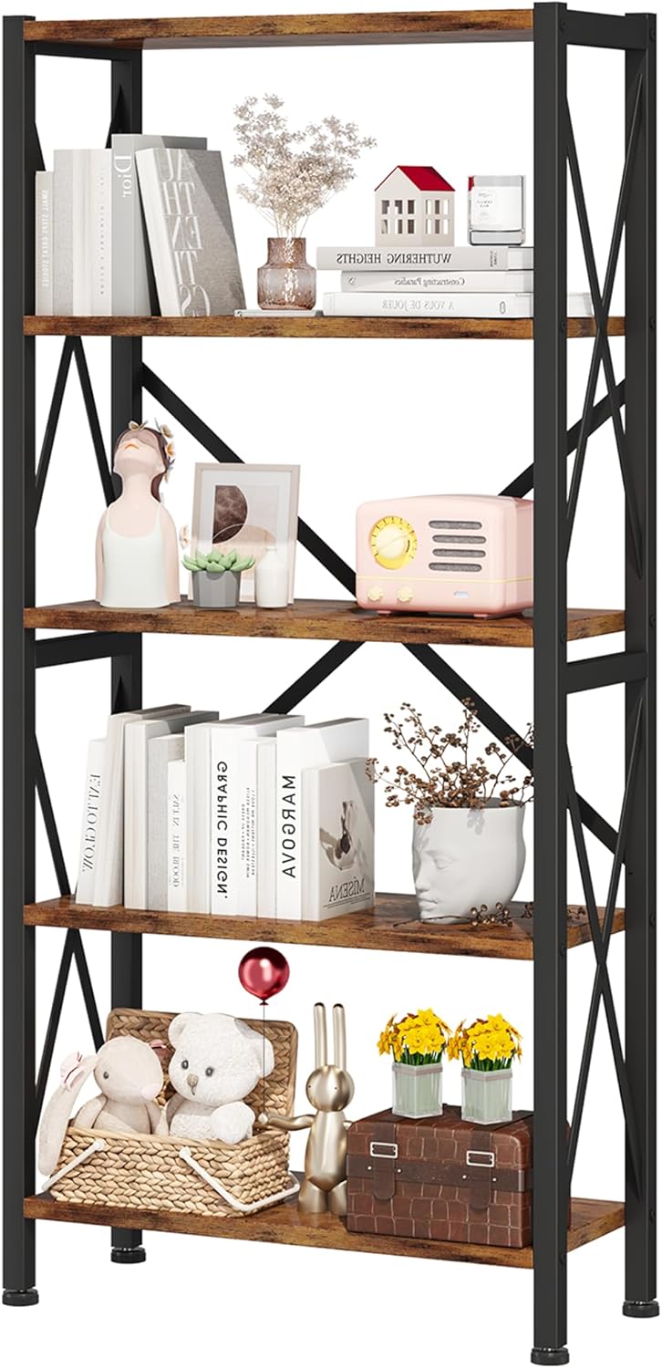 Homeiju Bookshelf, 3 Tier Industrial Bookcase, Metal Small Bookcase, Rustic Etagere Book Shelf Storage Organizer for Living Room, Bedroom, and Home Office(Rustic Brown) Patent Pending D29873033 - Grand Goldman