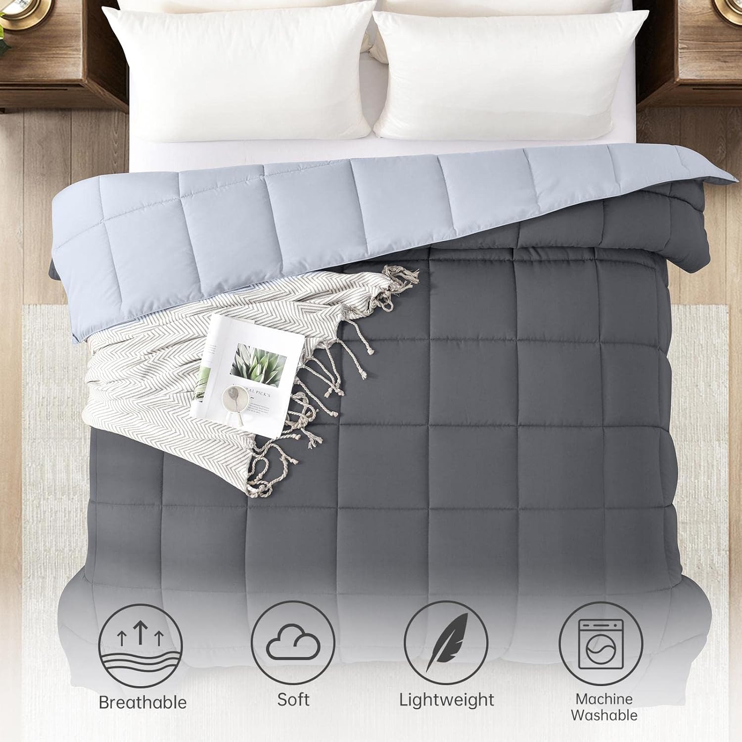 Homelike Moment Lightweight Queen Comforter - Grey Down Alternative Bedding Comforters Queen Size, All Season Duvet Insert Quilted Reversible Bed Comforter Soft Queen Full Size Dark Gray/Light Grey - Grand Goldman