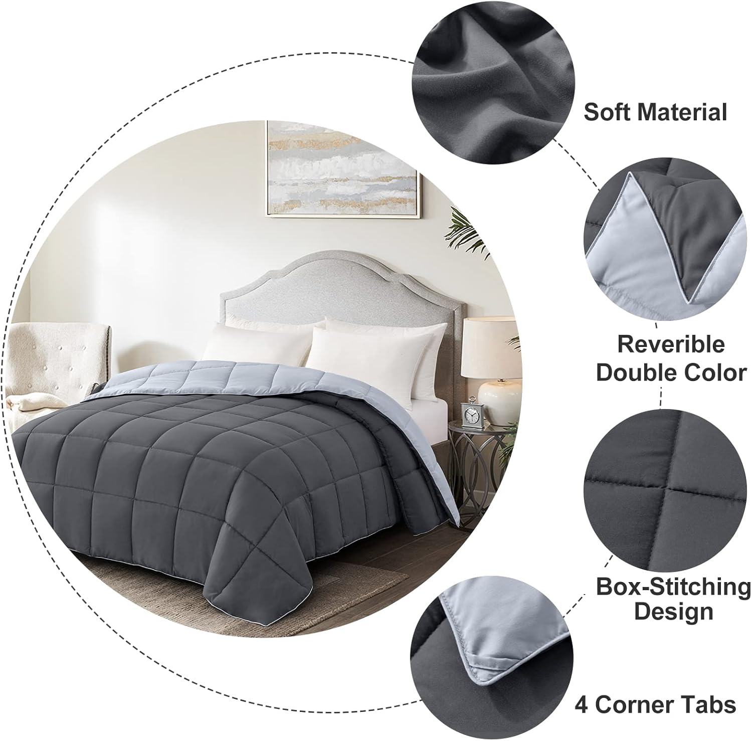 Homelike Moment Lightweight Queen Comforter - Grey Down Alternative Bedding Comforters Queen Size, All Season Duvet Insert Quilted Reversible Bed Comforter Soft Queen Full Size Dark Gray/Light Grey - Grand Goldman