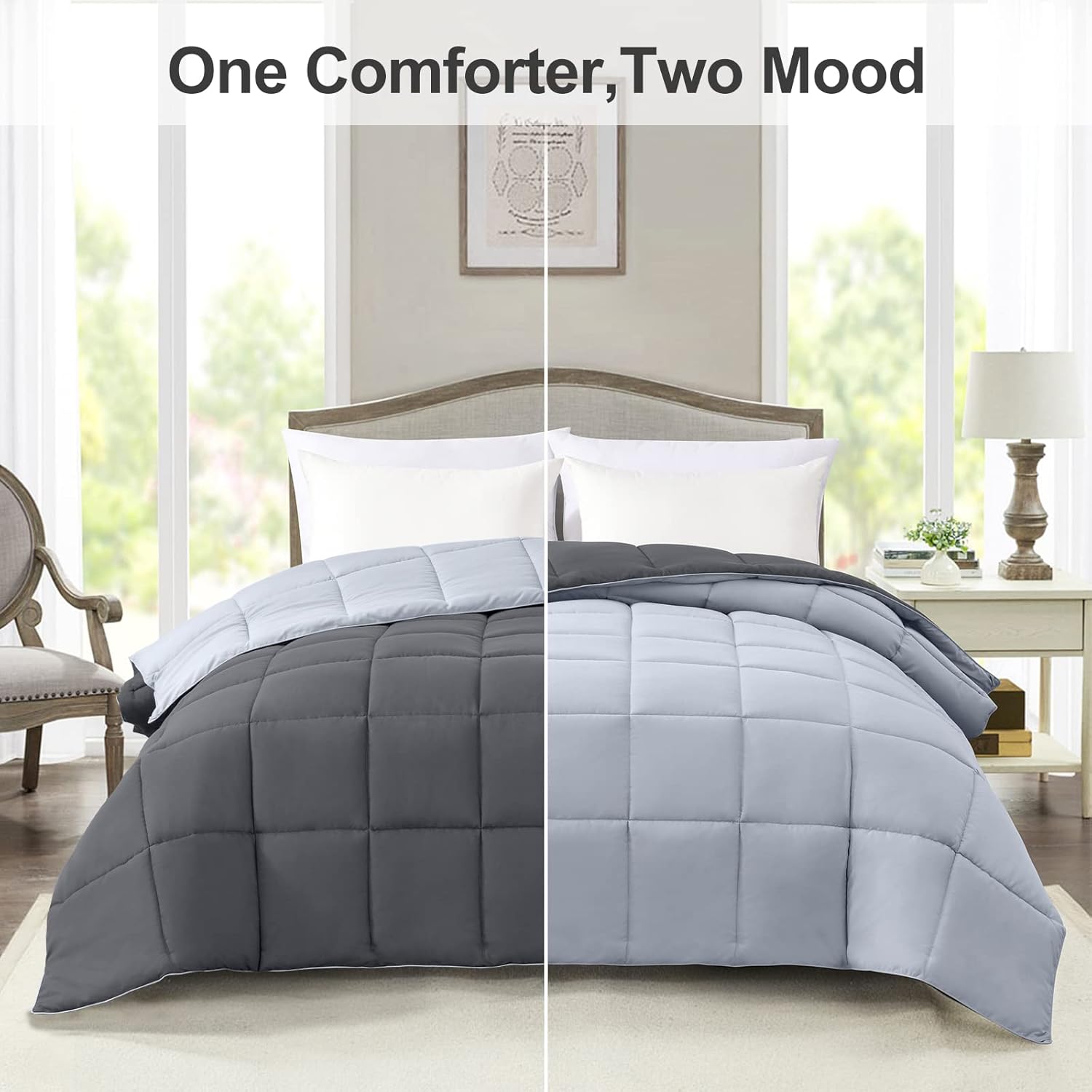 Homelike Moment Lightweight Queen Comforter - Grey Down Alternative Bedding Comforters Queen Size, All Season Duvet Insert Quilted Reversible Bed Comforter Soft Queen Full Size Dark Gray/Light Grey - Grand Goldman