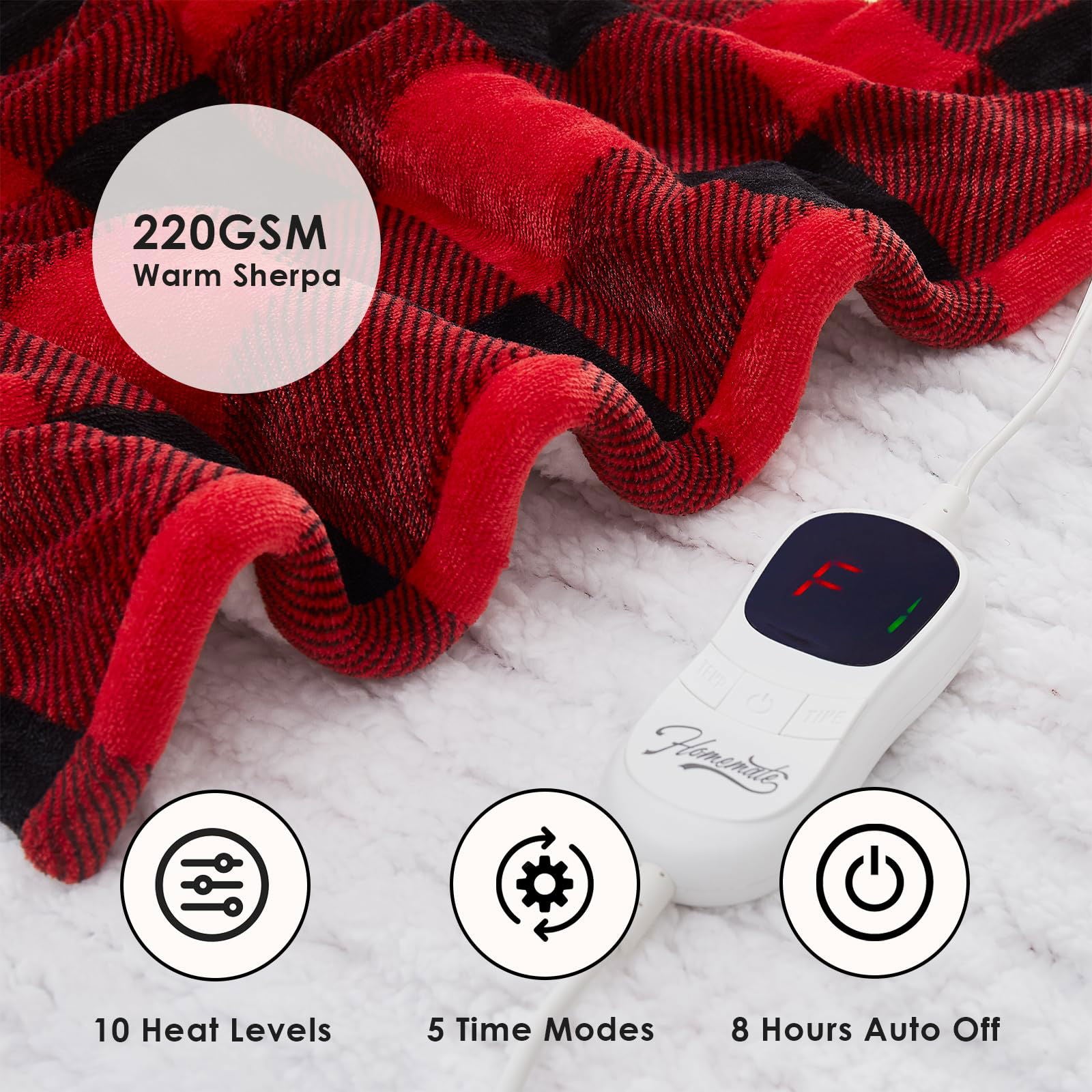 Homemate Electric Blanket Heated Throw - 50“x60“ Ultra Soft Cozy Flannel Heating Blanket with 10 Fast Heat Levels 8 Hours Auto Off Over-Heated Protection ETL Certification Keep Warm in Home Office - Grand Goldman