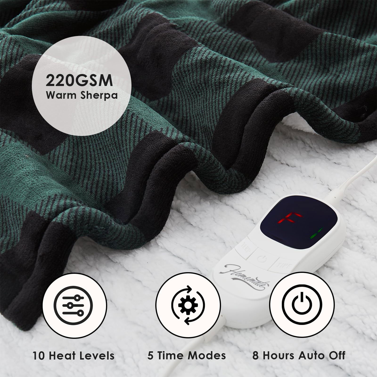 Homemate Electric Blanket Heated Throw - 50“x60“ Ultra Soft Cozy Flannel Heating Blanket with 10 Fast Heat Levels 8 Hours Auto Off Over-Heated Protection ETL Certification Keep Warm in Home Office - Grand Goldman