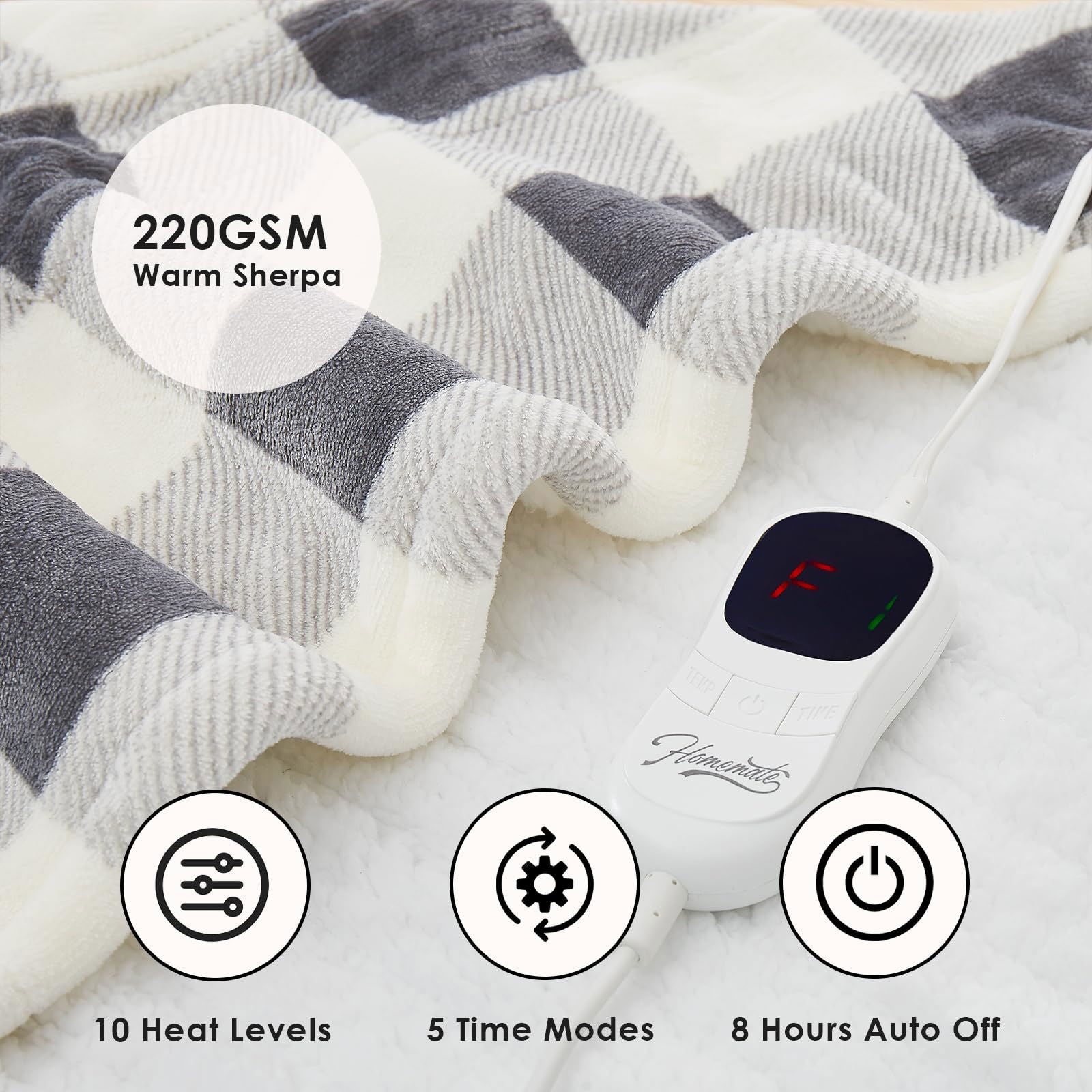 Homemate Electric Blanket Heated Throw - 50“x60“ Ultra Soft Cozy Flannel Heating Blanket with 10 Fast Heat Levels 8 Hours Auto Off Over-Heated Protection ETL Certification Keep Warm in Home Office - Grand Goldman