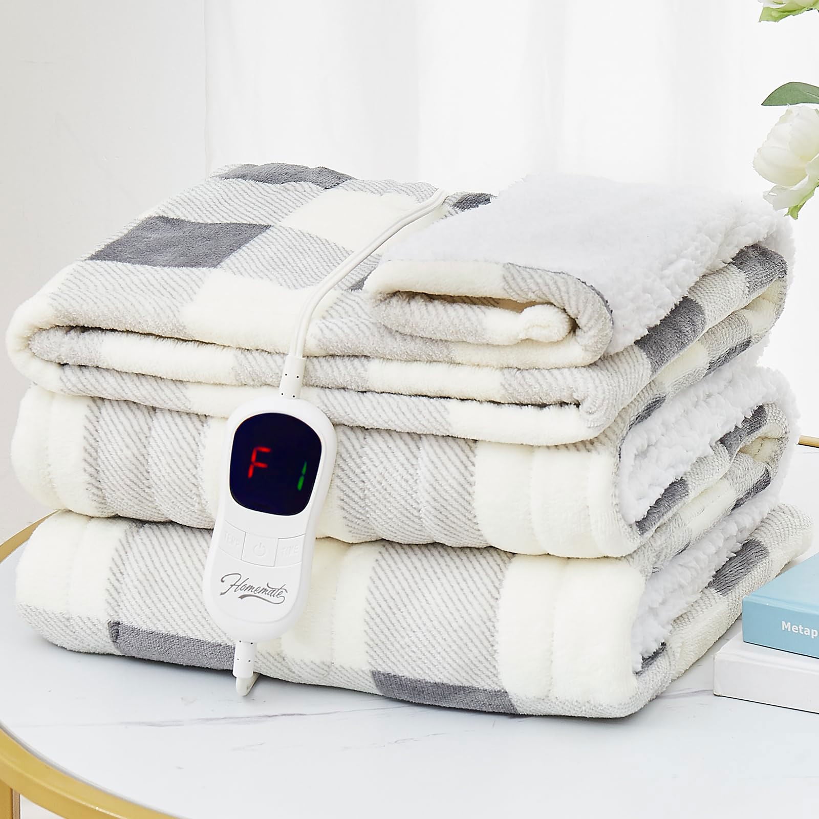 Homemate Electric Blanket Heated Throw - 50“x60“ Ultra Soft Cozy Flannel Heating Blanket with 10 Fast Heat Levels 8 Hours Auto Off Over-Heated Protection ETL Certification Keep Warm in Home Office - Grand Goldman